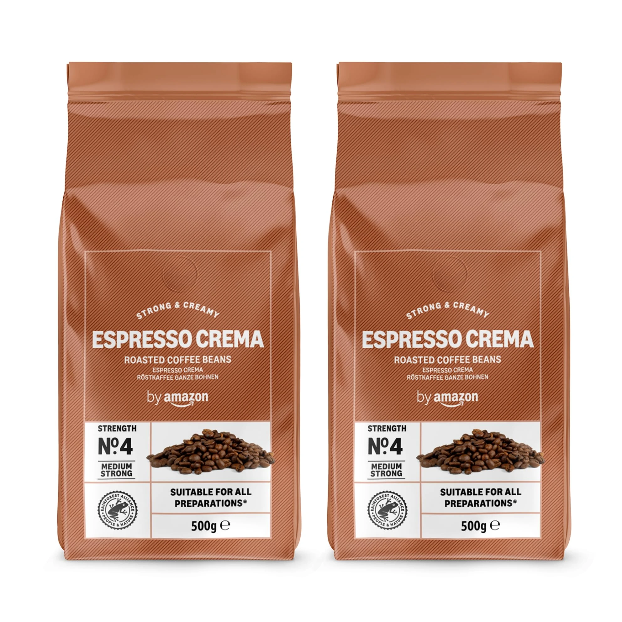 by Amazon Espresso Crema Coffee Beans, Light Roast, 1kg (2 Packs of 500g), Rainforest Alliance Certified