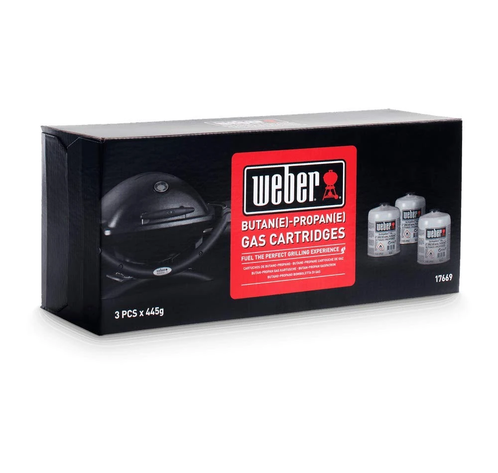 Weber Gas Cartridge (3-Pack) - Disposable for Butane/Propane Gas, ideal Q 100/1000, Go-Anywhere Gas, Traveler, Sumit Charcoal & Performer Series, 3-4 hours burning time (17669)