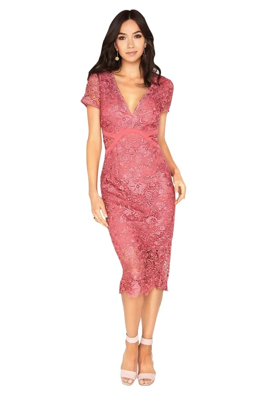 Little Mistress Women's Megan Plunge Neck Crochet Pencil Dress, Size 6 UK, Pink