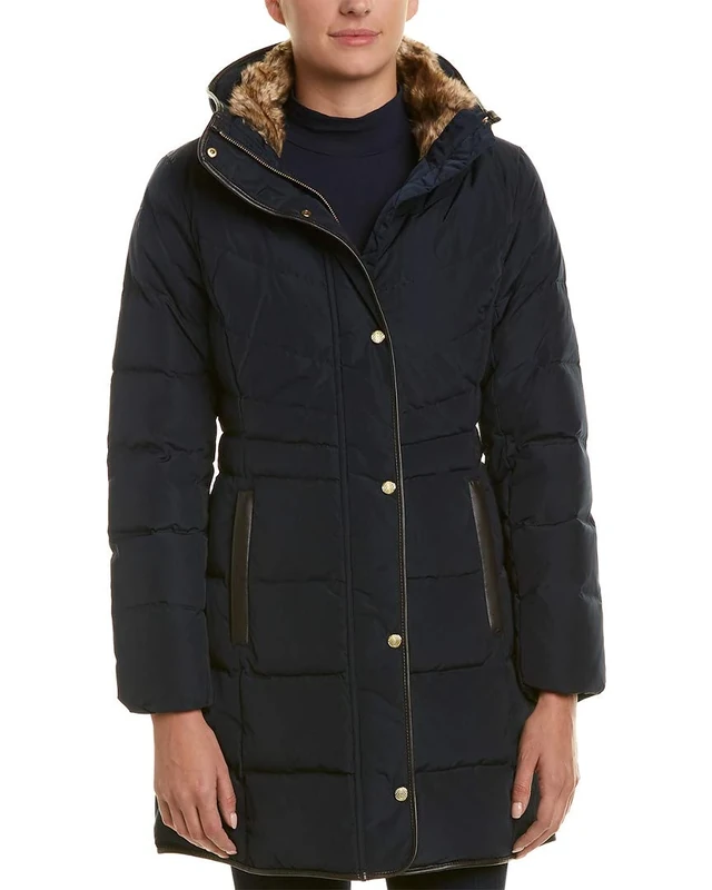 Cole Haan Women's Mid Length Down Coat with Bib Front, Navy, XL