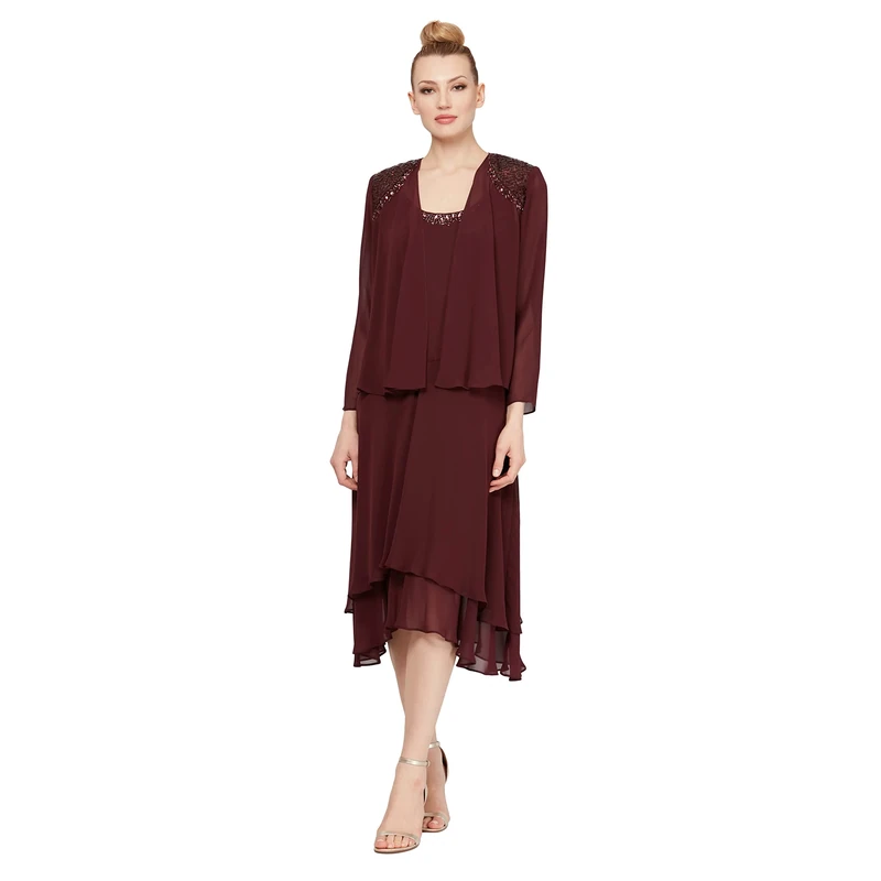 S.L. Fashions Women's Mother of The Bride Dress with Embellished Neckline & Shoulder, Wedding Guest (Petite and Regular Sizes) Special Occasion, Fig, 18