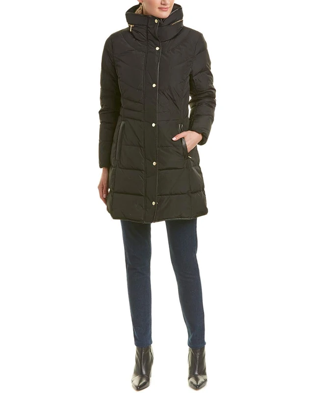 Cole Haan Women's Mid Length Down Coat with Bib Front, Black, S - Image 1
