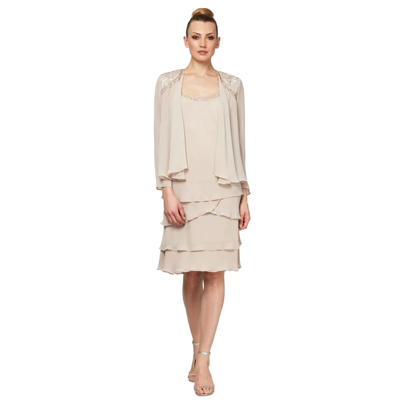 S.L. Fashions Women's Embellished Tiered Jacket Dress (Petite and Regular) Special Occasion, Winter Ivory, 10