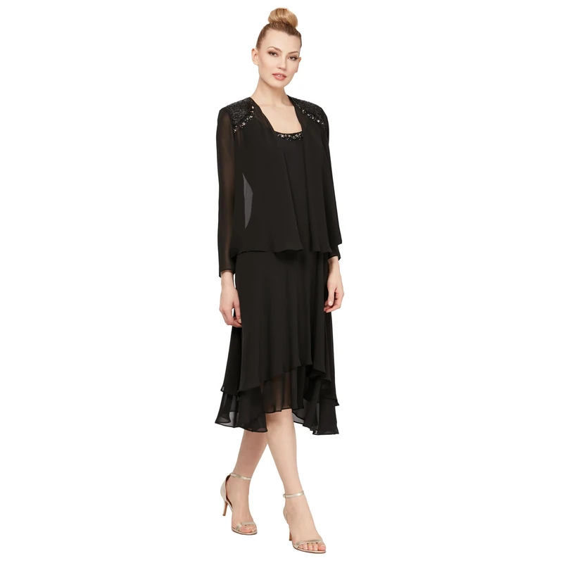 S.L. Fashions Women's Mother of The Bride Dress with Embellished Neckline & Shoulder, Wedding Guest (Petite and Regular Sizes) Special Occasion, Black, 22