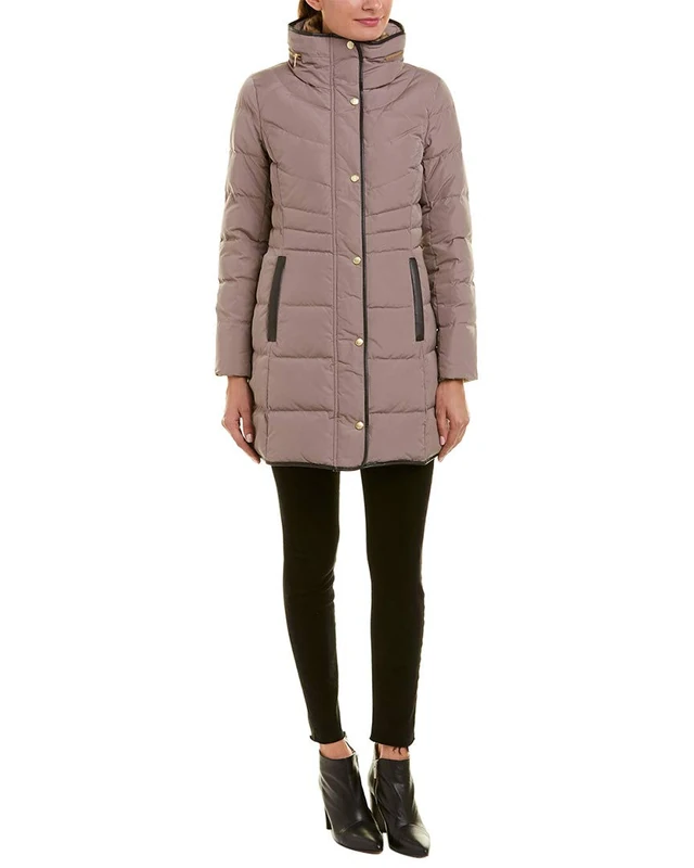 Cole Haan Women's Mid Length Down Coat with Bib Front, Cashew, M