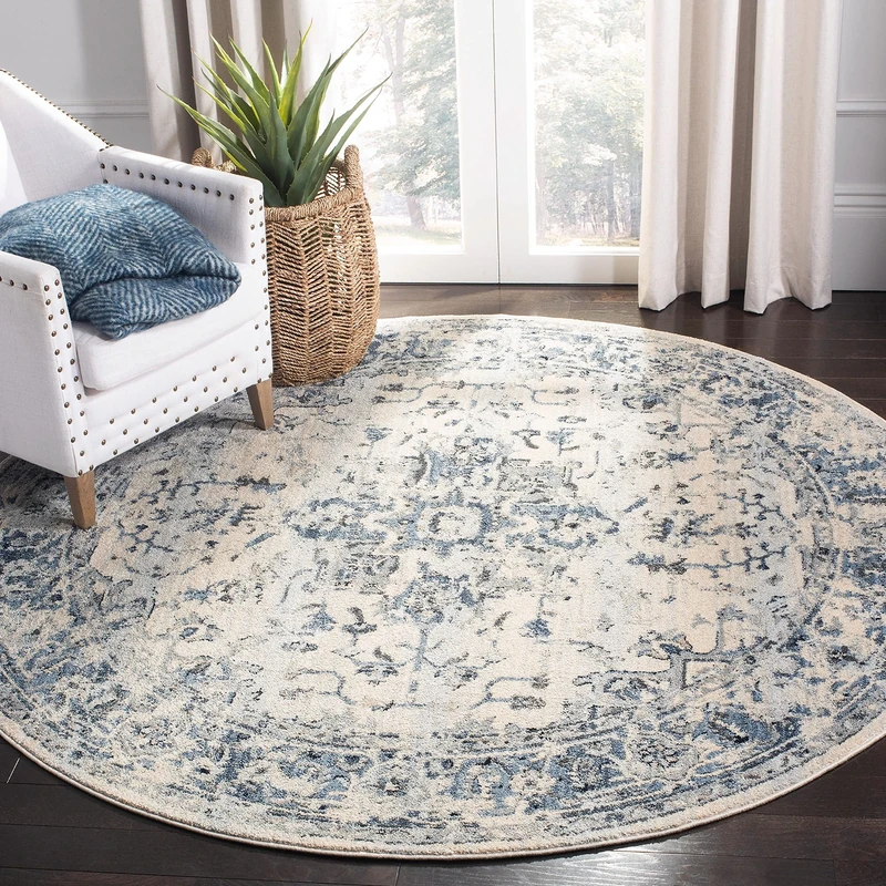 Safavieh Traditional Rug for Living Room, Dining Room, Bedroom - Charleston Collection, Short Pile, in Ivory and Blue, 200 X 200 cm