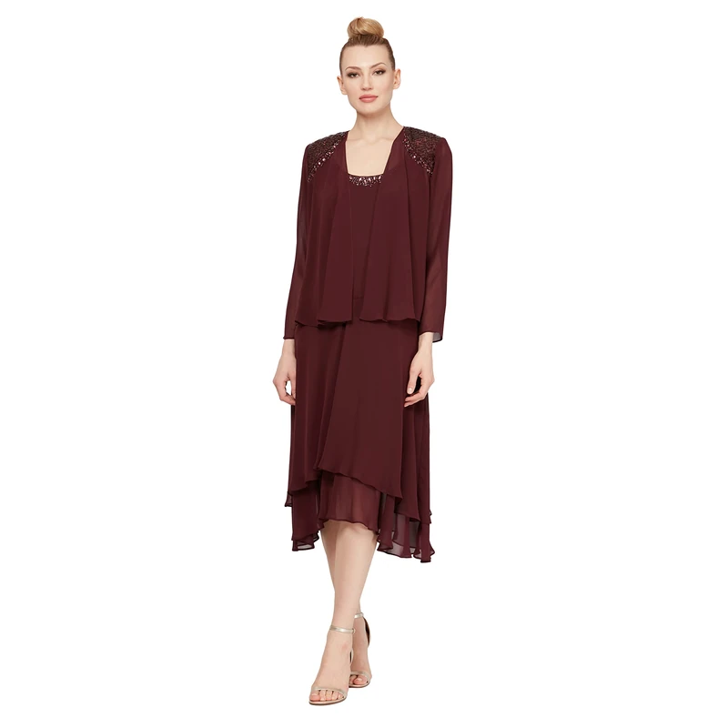 S.L. Fashions Women's Mother of The Bride Dress with Embellished Neckline & Shoulder, Wedding Guest (Petite and Regular Sizes) Special Occasion, Fig, 22