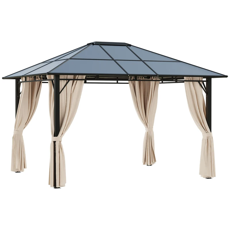 Outsunny 3 x 3.6m Hardtop Gazebo Canopy with Polycarbonate Roof Garden Pavilion with Removable Curtains and Steel Frame, Brown - Image 1