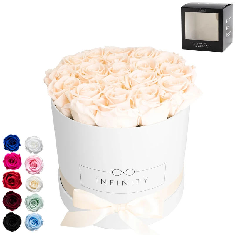 Infinity Flowerbox Large - 18 real preserved roses - Champagne - lasts for years without water | the perfect present