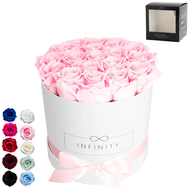 Infinity Flowerbox Large - 18 real preserved roses - Bridal Pink - lasts for years without water | the perfect present 3-BW-BP