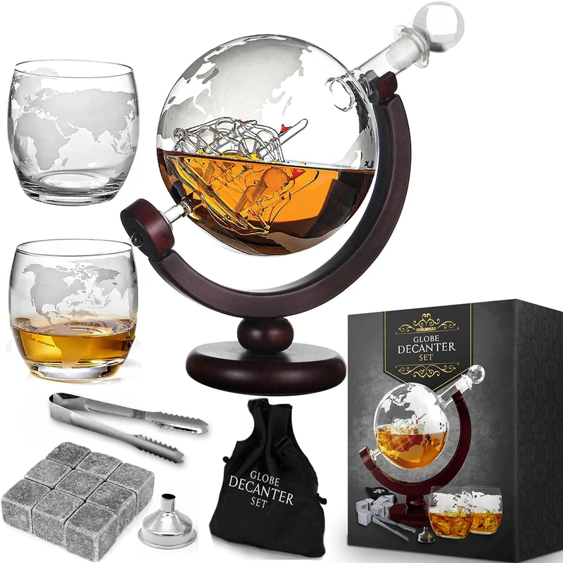 MikaMax - Globe Decanter Set - Whiskey Decanter Set – Handcrafted Whiskey Set – Including 2 Whisky Globe Glasses - 850 ML – Transparent – Glass Decanter Set