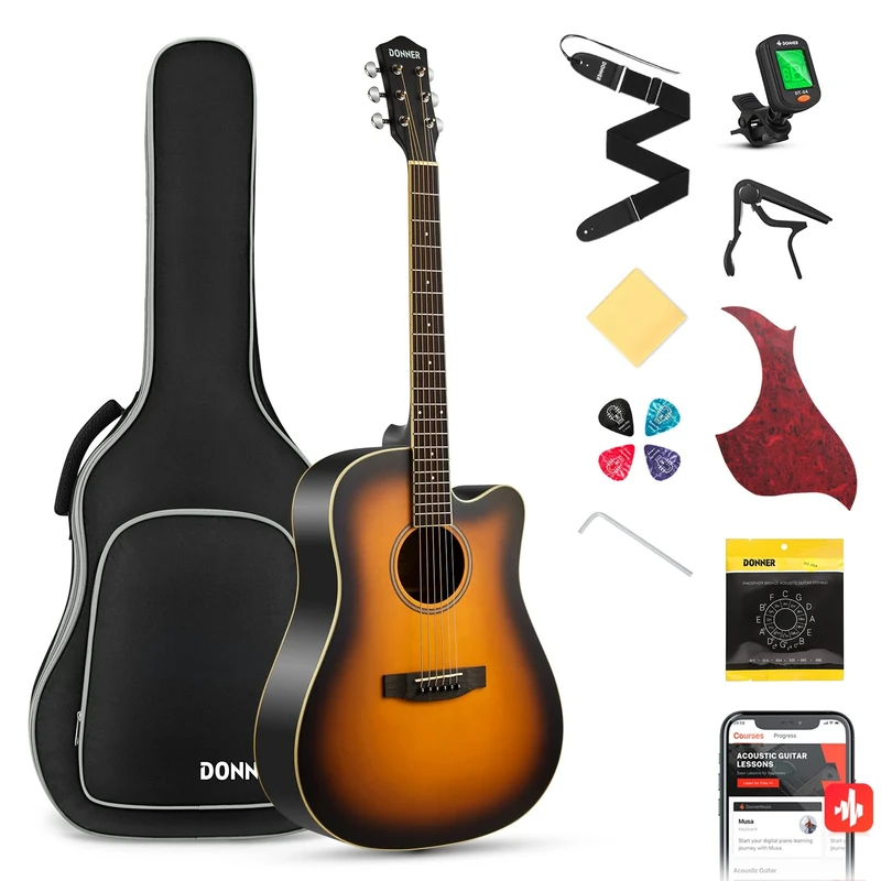 Donner Acoustic Guitar 4/4 Cutaway Beginner Kit - Sunburst with Gig Bag, Tuner, Strap, Strings, Capo, Picks