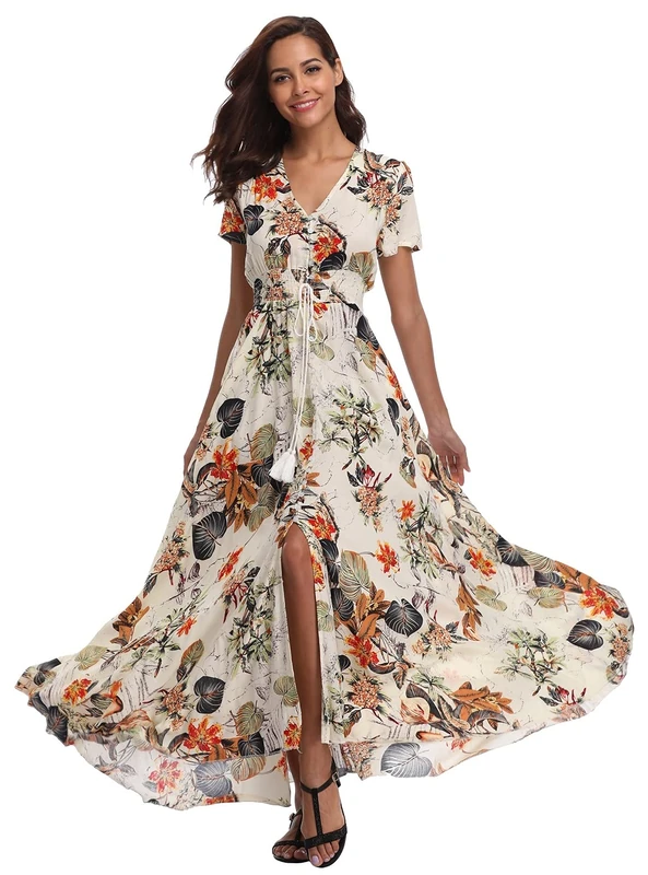 VintageClothing Women's Floral Maxi Dresses Boho Button Up Split Summer Casual Long Dress Beach Party Dress, Pale Yellow, XL