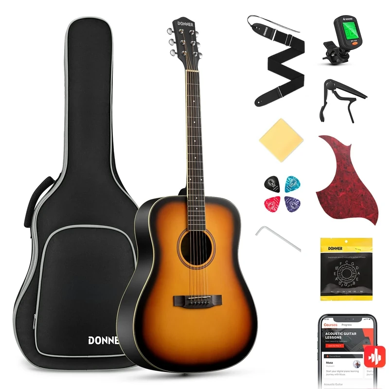 Donner Acoustic Guitar Full Size Guitar 4/4 Dreadnought 41 inch Guitar Kit for Beginner with Gig Bag Capo Picks Tuner Strap Strings (Sunburst)