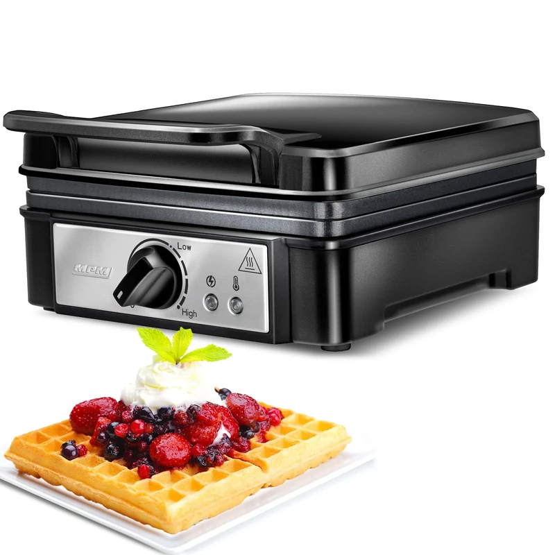 MPM - MGO24 - Waffle iron - with plates for 2 Belgian style waffles - Thick waffle - Square - Double - with non-stick coating and thermostat - 1400 W - Electric - Black
