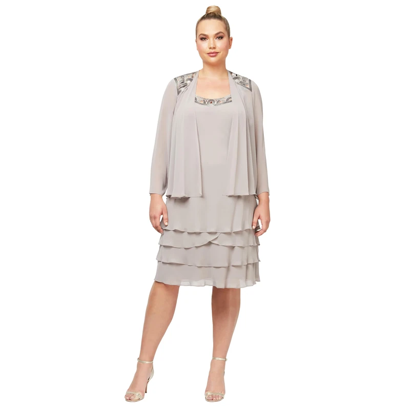 S.L. Fashions Women's Embellished Tiered Jacket Dress (Petite and Regular) Mother of The Bride, Dark Mortar, UK 20