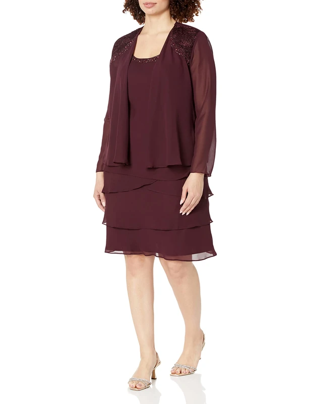 S.L. Fashions Women's Mother of The Bride Tiered Jacket Dress with Shoulder Embellishment (Petite and Regular Sizes) Special Occasion, Fig, 18