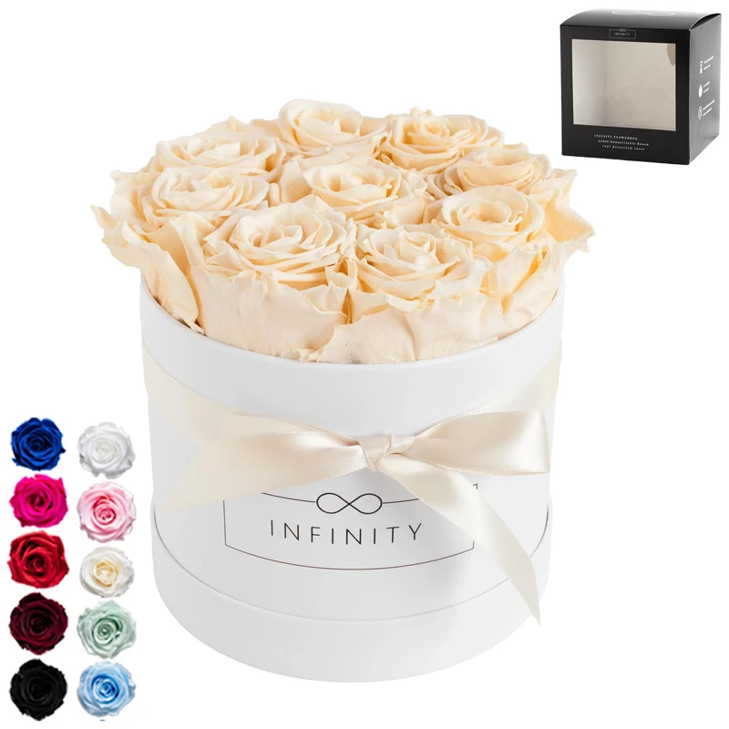 Infinity Flowerbox Medium - 9 real preserved roses - Champagne - lasts for years without water | the perfect present