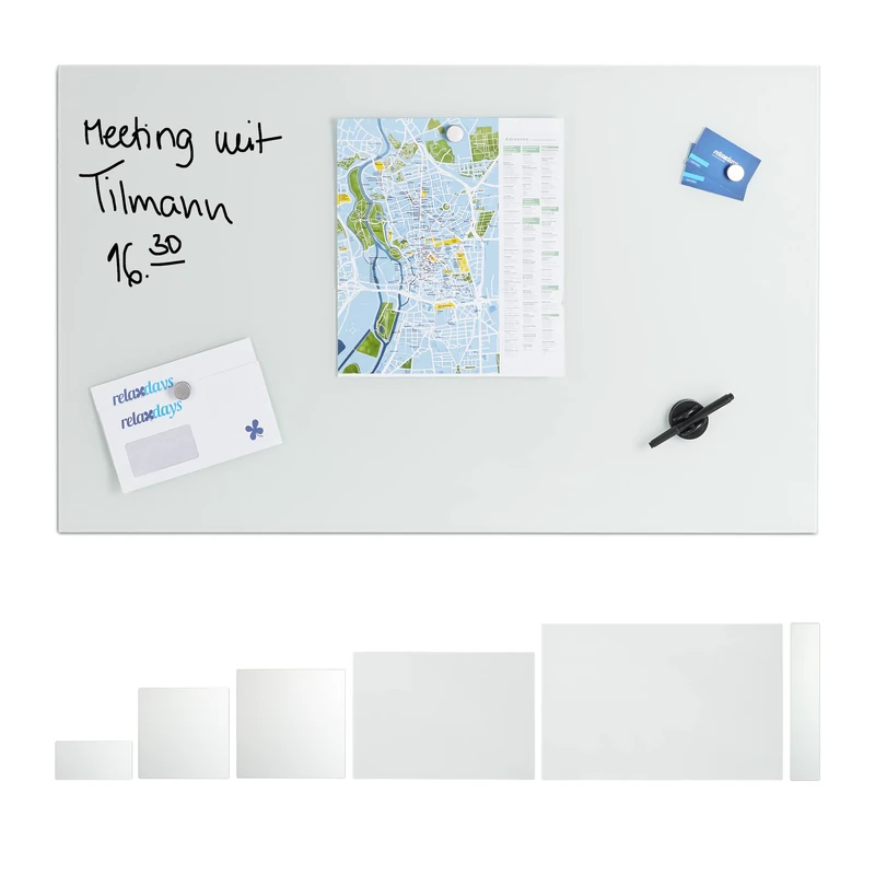 Relaxdays Glass Magnetic Dry Erase Memo Board 100 x 60 cm, Writable, 3 Magnets, Safety Glass Magnet Board, White
