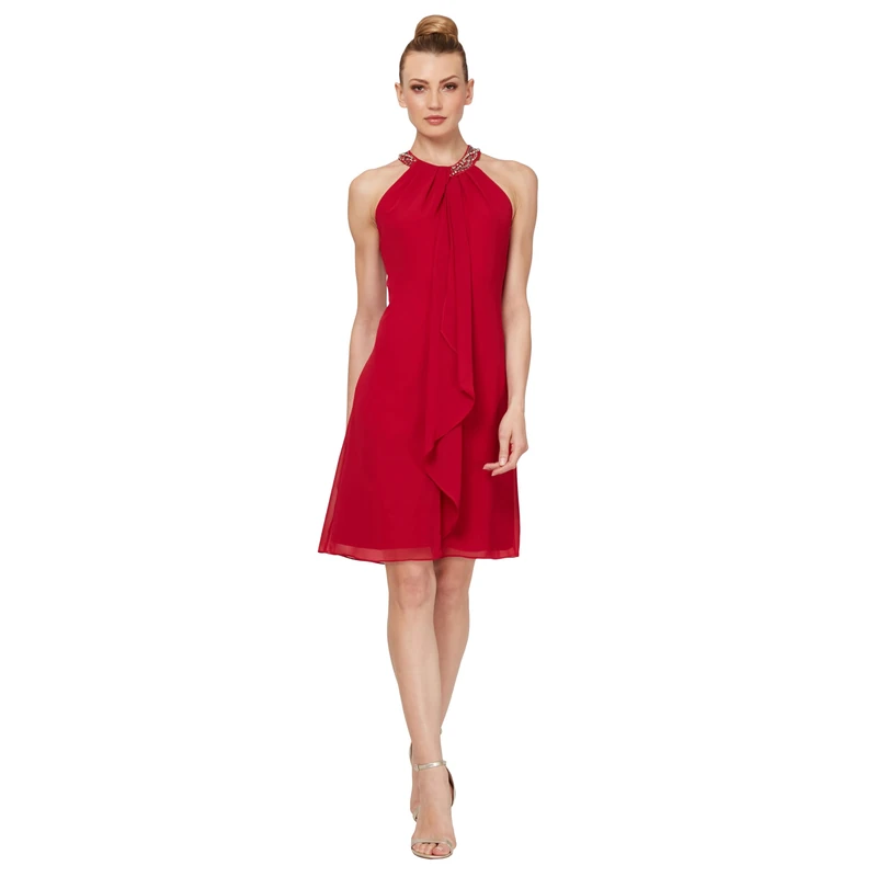 S.L. Fashions Women's Jewel Halter Neckline Cocktail, Wedding Guest, Perfect Party Dress,(Petite and Regular Sizes) Special Occasion, Apple Red, 12