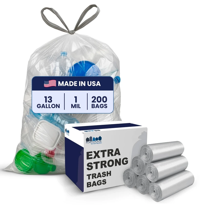 Plasticplace 13 Gallon Trash Bags │ 1.0 Mil │ Clear Extra Tall Drawstring Garbage Can Liners │ 24" x 31" (200 Count)