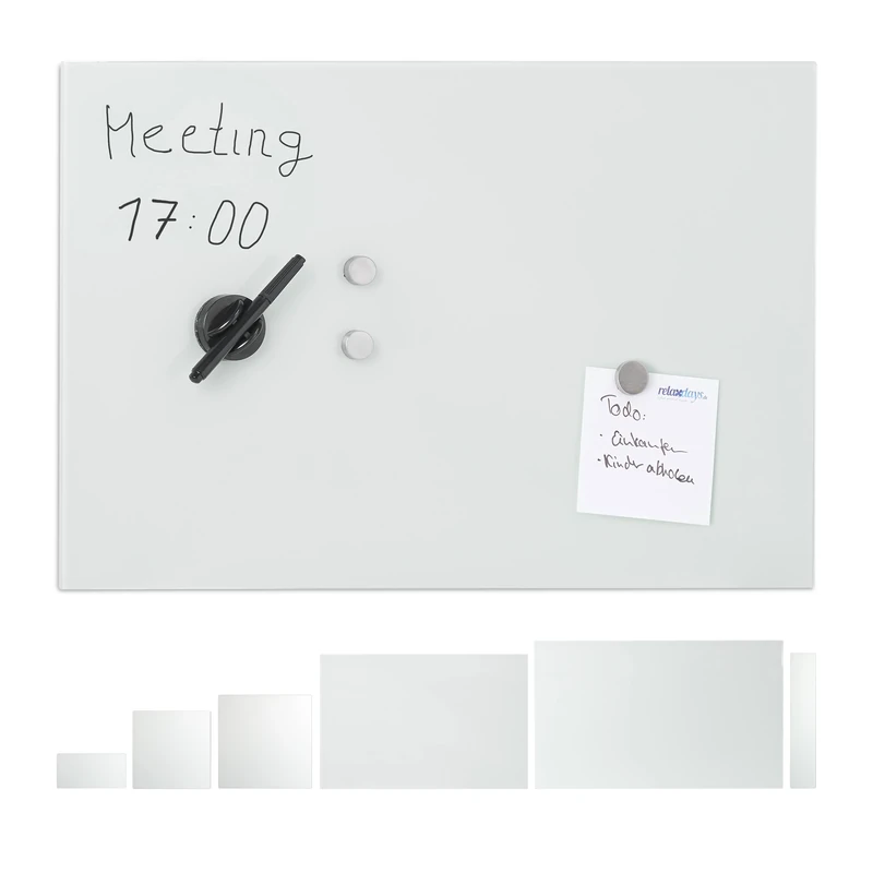 relaxdays Glass Magnetic Dry Erase Memo Board 60 x 40 cm, Writable, 3 Magnets, Safety Glass Magnet Board, White
