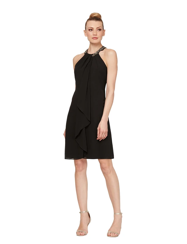 S.L. Fashions Women's Jewel Neck Sheath Dress Cocktail, Black, 16