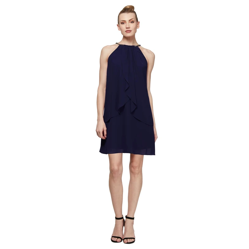 S.L. Fashions Women's Short Beaded Halter Neck Cocktail Gown, Wedding Guest, Party Dress, (Petite and Regular Sizes), Navy, 8