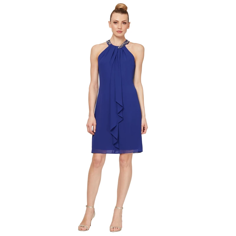 S.L. Fashions Women's Jewel Halter Neckline Cocktail, Wedding Guest, Perfect Party Dress,(Petite and Regular Sizes), Iris, 14