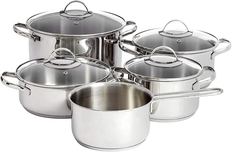 Amazon Basics 9-Piece Stainless Steel Induction Cookware Set, Pot with Lids, Saucepan and Casserole, Silver