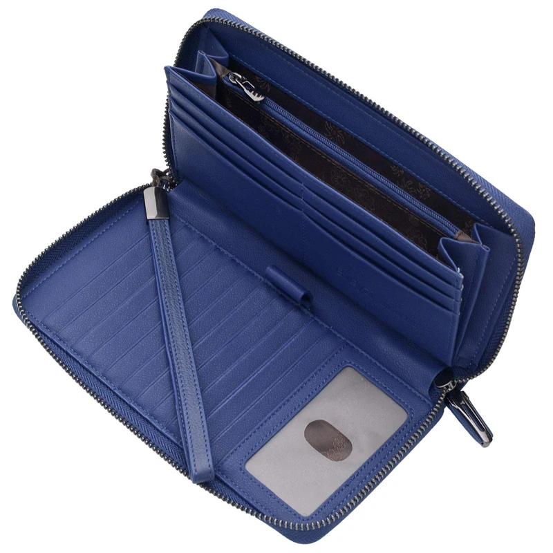 Rfid Blocking Purses for Women Real Leather Zip Around Large Travel Mobile Phone Ladies Long Money Purses Wallet, 17 Card Slots (Navy Blue)
