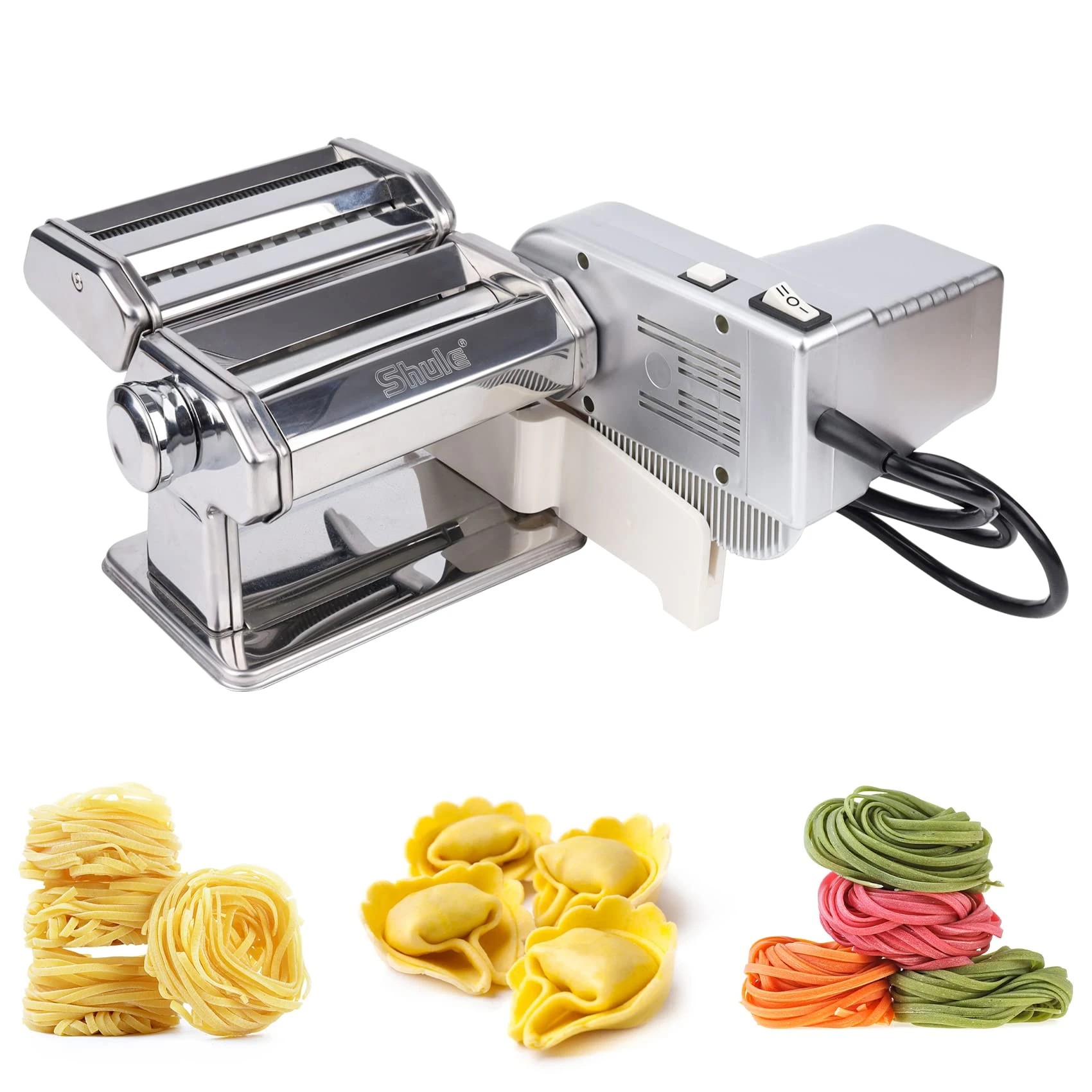 Shule Electric ravioli pasta maker with motor, automatic pasta machine with hand crank and multifunctional rollers