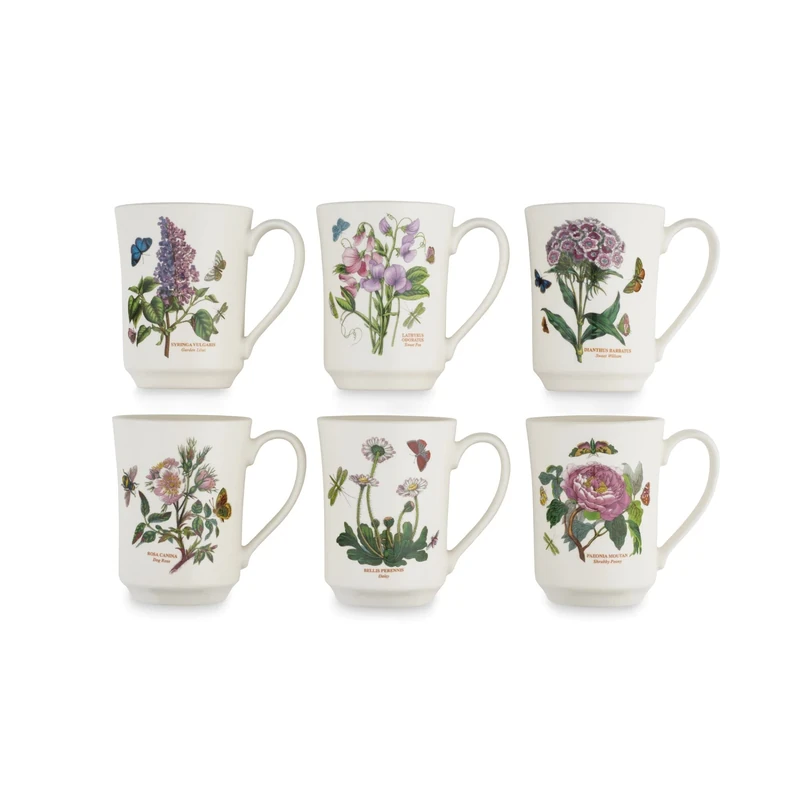 Portmeirion x Botanic Garden Set of 6 Coffee Mugs - Flared Tankards Mugs with Assorted Floral Motifs, Microwave & Dishwasher Safe for Enjoying Hot Drinks Every Day