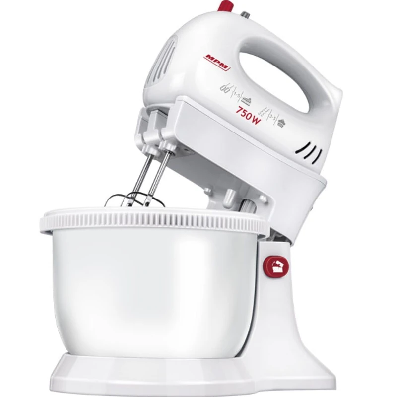 MPM MMR-16Z Pastry Mixer with 3.4 L Rotating Bowl, 5 Speeds + Turbo, Rods and Hook Kneading Stainless Steel, 750W, White, 750W, 3.4 Litres