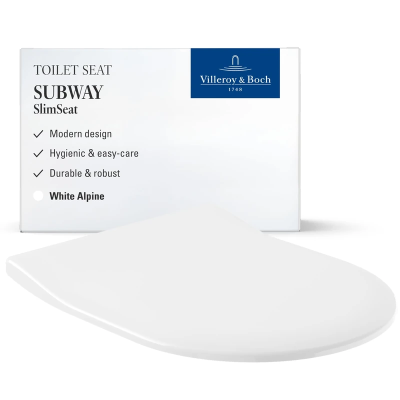 Villeroy & Boch Subway SlimSeat Toilet Seat Glossy White Duroplast Toilet Seat with Stainless Steel Hinges Shatter-Proof Ultra-Flat Toilet Lid D-Shape Original Replacement Part
