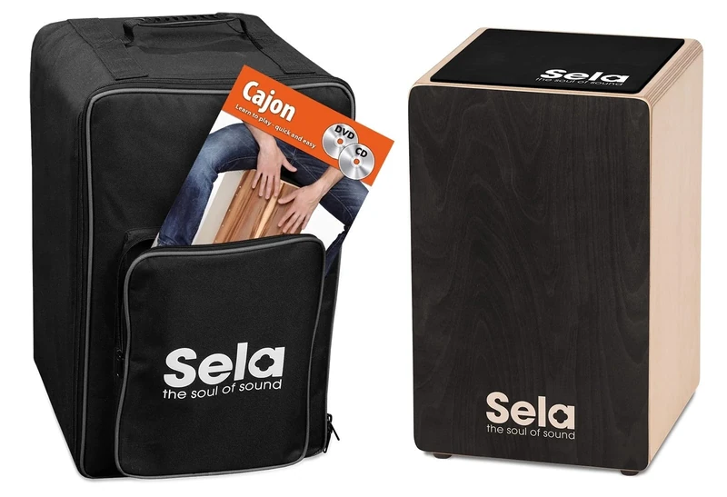 Sela SE 120 Primera Black Cajon beginner bundle with backpack, cajon pad, German Cajon book, CD and DVD