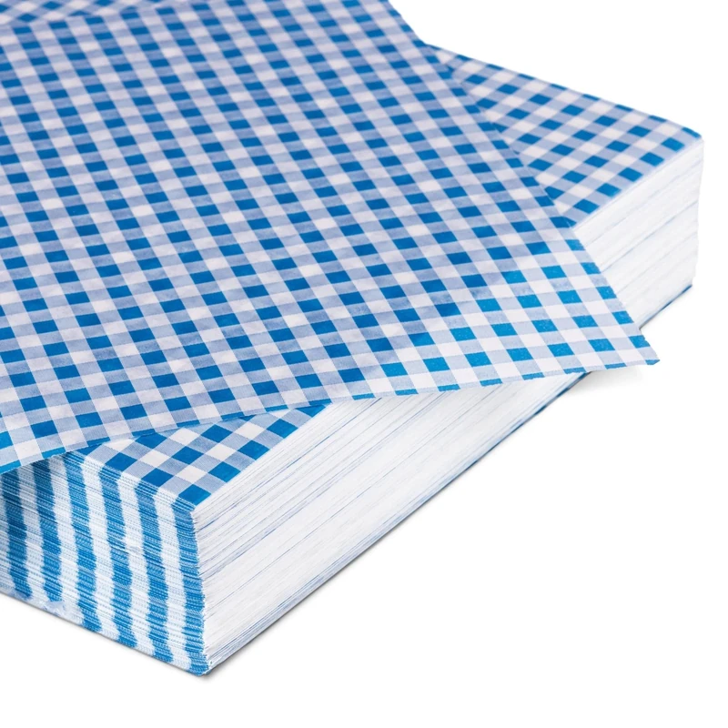 Blue Gingham Greaseproof Paper 35 x 25cm - Pack of 1000 Sheets - Greaseproof Paper, Greaseproof Liner, Chip Cone Liner