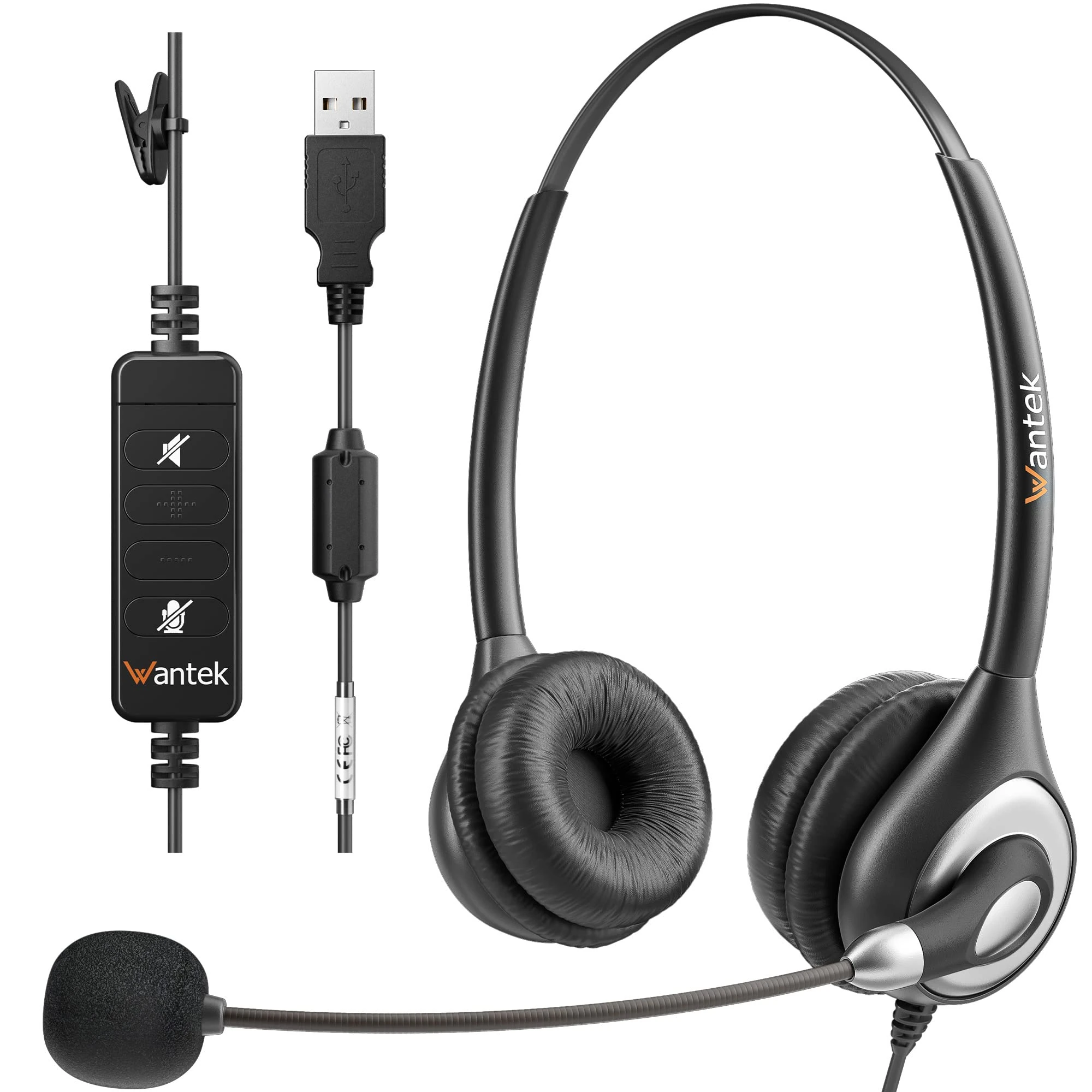 Wantek 602NUSB Headsets with Noise Canceling Microphone for Call Center Online Conference Office Work Teams Meetings Windows Computers Laptops