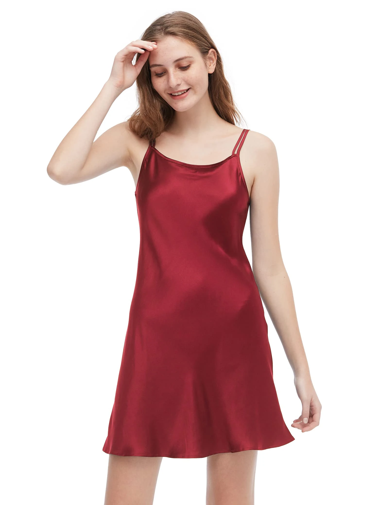 LilySilk Women's 100% Pure Silk Nightdress Short Low Scoop Back Ladies Chemise Nightwear 19 Momme Pure Silk Nighties for Women（Claret,XL）