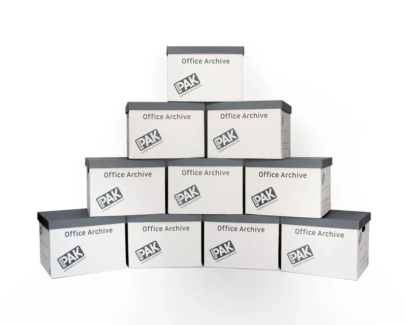 StorePAK Office Archive Boxes - Storage Cardboard Boxes with Handles & Lids (Pack of 10) 34.2 Litres – H28.2 x W31.7 x D38.3 cm - White & Grey
