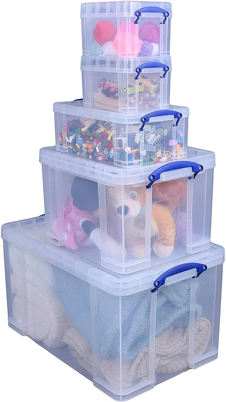 Really Useful Box Plastic Storage (Bonus Pack of 5) 84 Litre + 35 Litre + 9 Litre + 2 x 3 Litre Clear