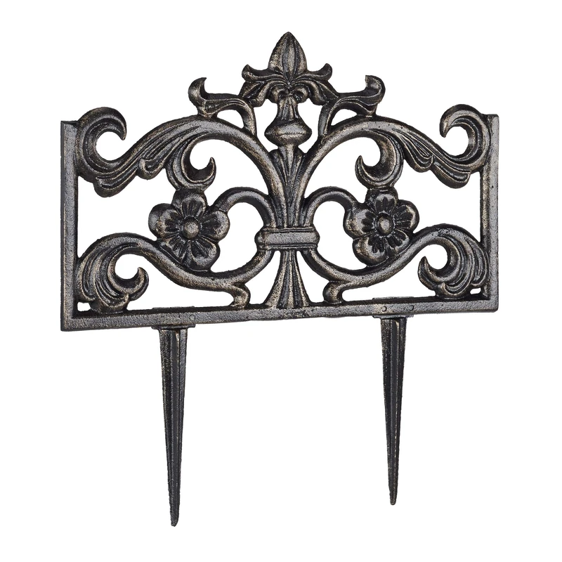 Relaxdays Flower Bed Fence, Cast Iron, Single Panel, Spikes, Modular, Decorative Lawn Edging, Nostalgic, H x W x D: 37 x 36 x 2 cm, Bronze