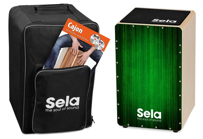 Sela SE 131 EN Varios Green Cajon Set with backpack, cajon pad, English cajon method, CD and DVD