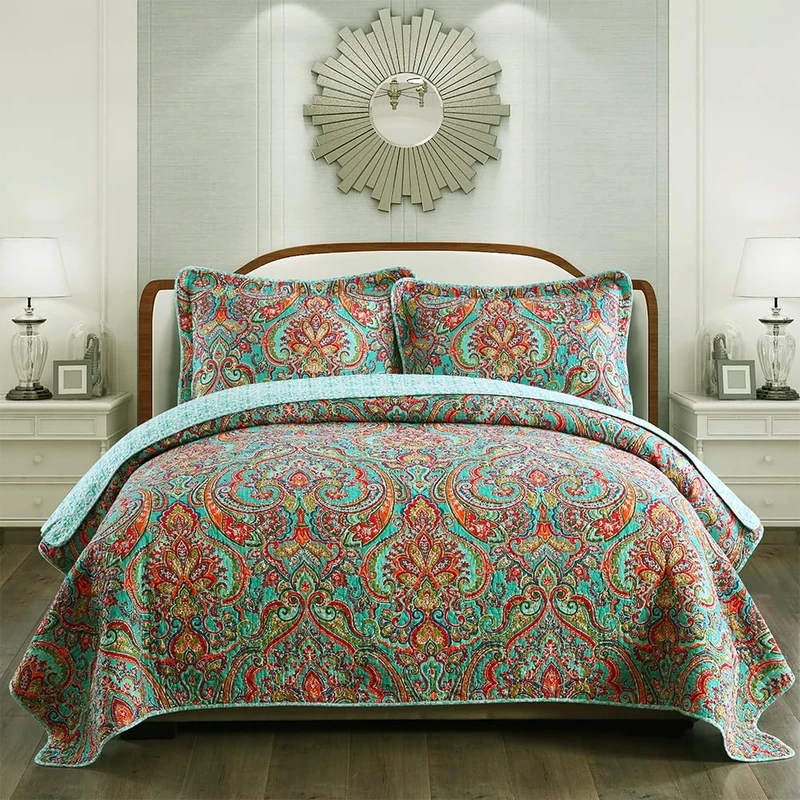 NEWLAKE Cotton Bedspread Quilt Sets-Reversible Patchwork Coverlet Set, European Gorgeous Floral Pattern, King Size