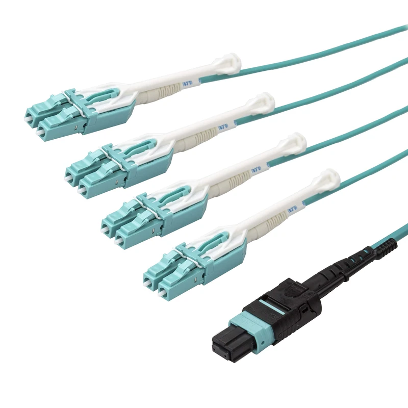 StarTech.com 2m (6ft) MTP(F)/PC to 4x LC/PC Duplex Breakout OM3 Multimode Fiber Optic Cable, OFNP, 8F Type-A, 50/125µm LOMMF, 40G Networks, Low Insertion Loss, MPO to LC Fiber Patch Cord (MPO8LCPL2M)