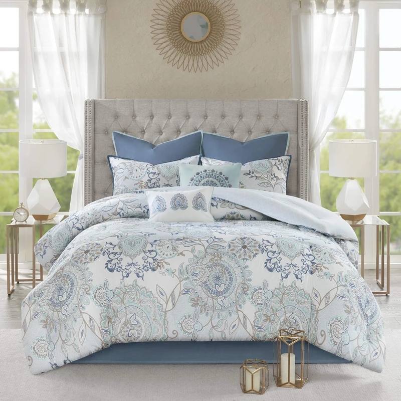 Madison Park All Season Set, Matching Bed Skirt, Decorative Pillows, Cotton, Isla, Floral Medallion Blue, Queen