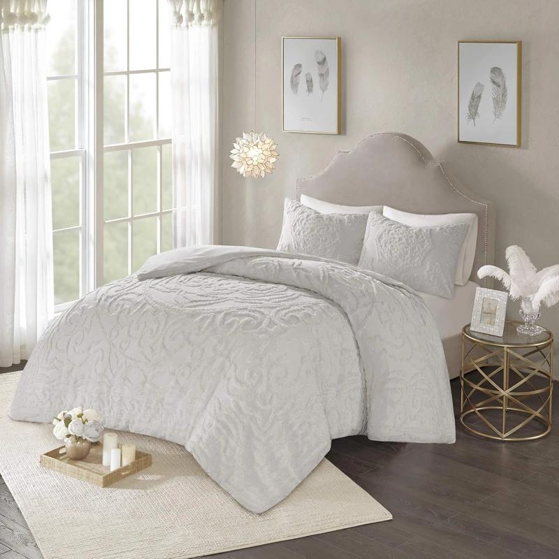Madison Park Laetitia 100% Cotton Duvet Set-Chenille Tufted Locket Design All Season Cozy Bedding Shabby Chic Duvet Matching Shams, Full/Queen (90"x90"), Floral Grey