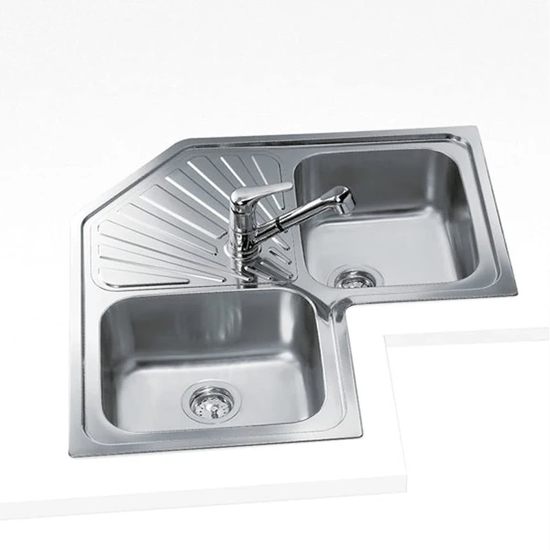 Teka 2C – Angle Sink, 2 Buckets and Drainboard, for 90 cm Furniture, Stainless Steel Bucket, Easy Installation, Modern Design, Stainless Steel Colour - Image 1