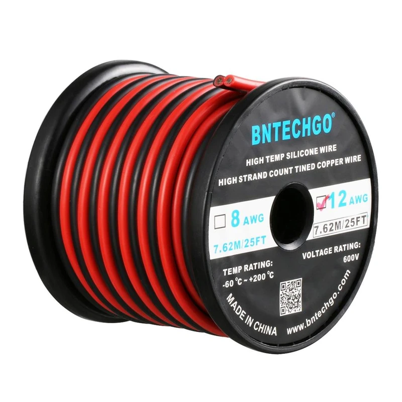 BNTECHGO 12 Gauge Flexible 2 Conductor Parallel Silicone Wire Spool Red Black High Resistant 200 deg C 600V for Single Color LED Strip Extension Cable Cord,model,25ft Stranded Tinned Copper Wire