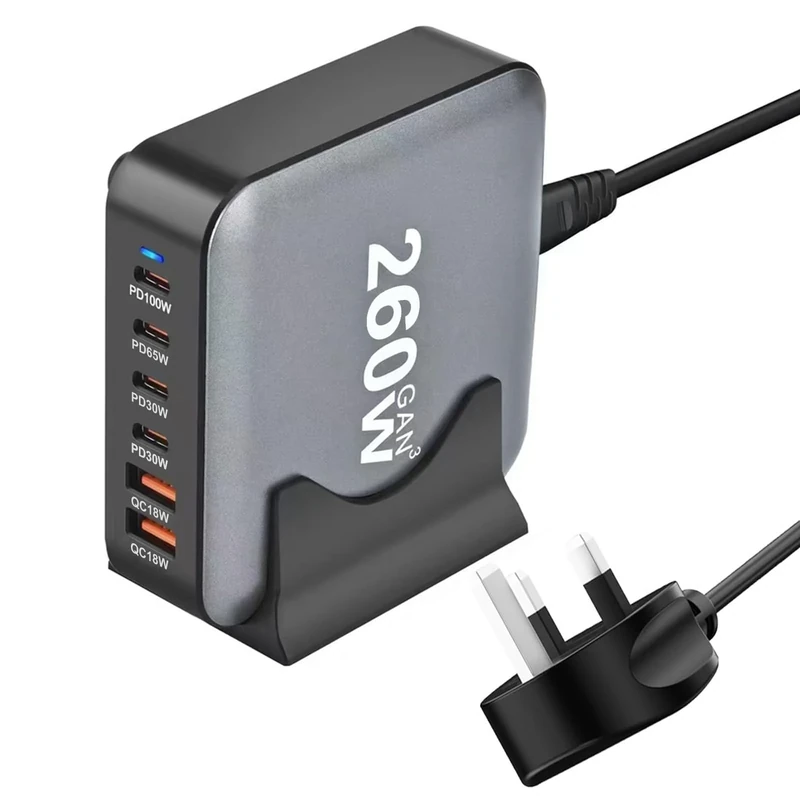 260W USB C Charger Block GaN III USB Desktop Charging Station 6 Ports QC4.0 Fast Charging Station Hub+PD 100W Type C Laptop Charger Adapter Compatible with MacBook Pro Laptop Tablet and Phone